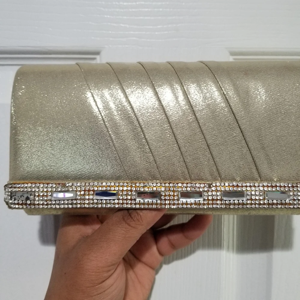 Gold & Rhinestone Fabric Pleated Fold Over Magnet Closure Clutch Removable Strap